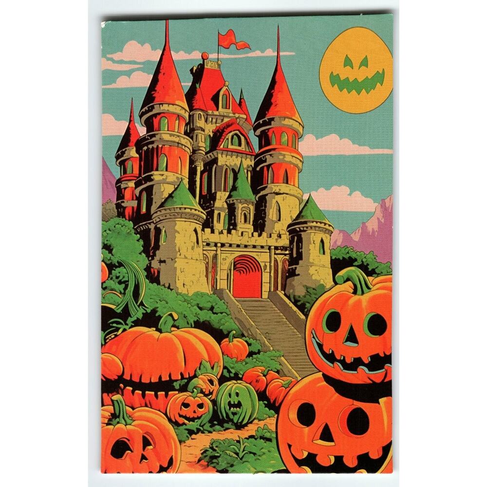 Vintage Photochrome Halloween Postcard with Jack-o'-Lantern Castle Scene